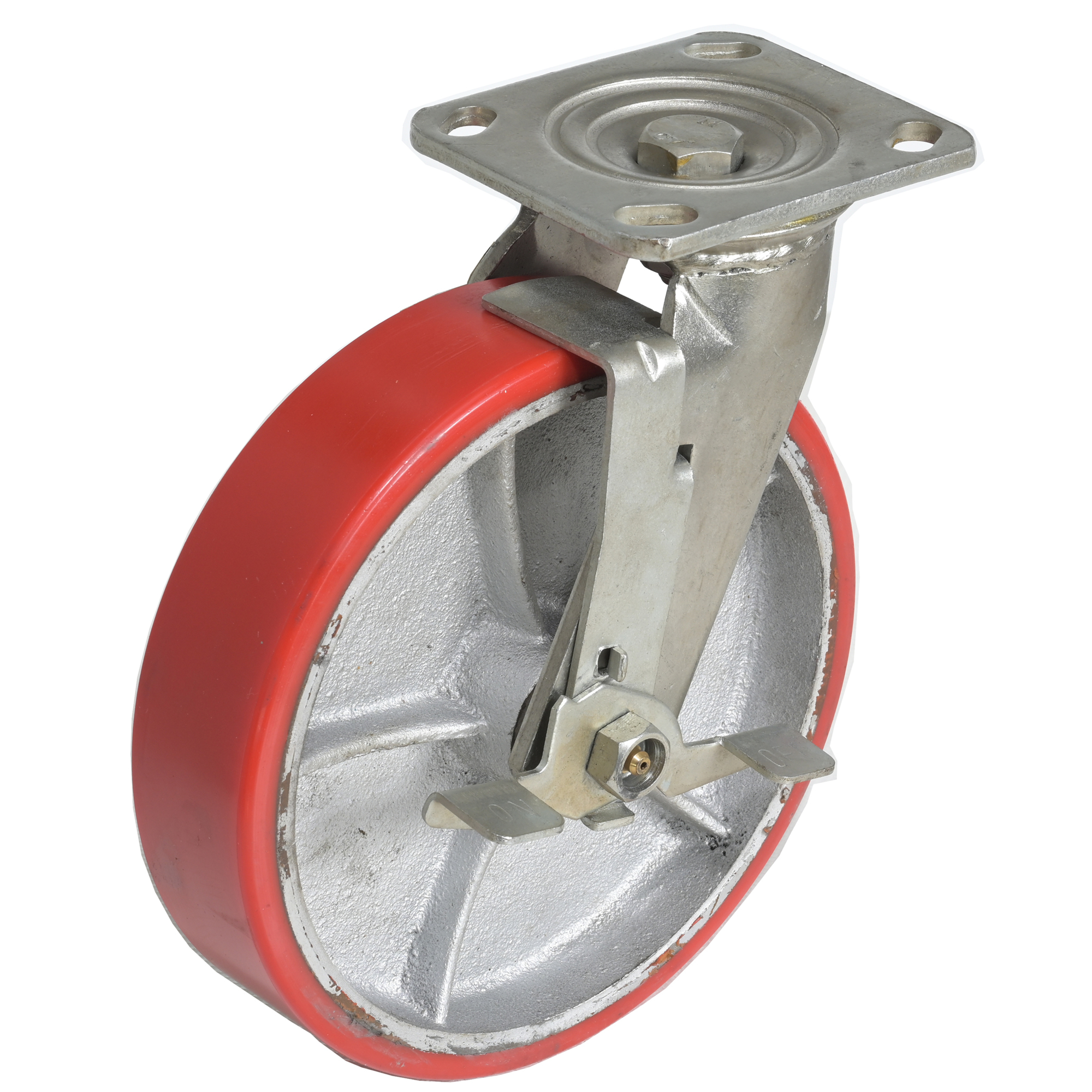 Vestil Polyurethane Swivel Caster with Brake - 8in. x 2in., Red, Zinc Plated, Model# CST-PU-8X2-S-BR